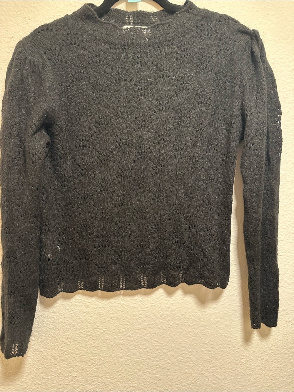 MNG Mango Black Wool Blend Pointelle Open Knit Sweater Women’s Medium